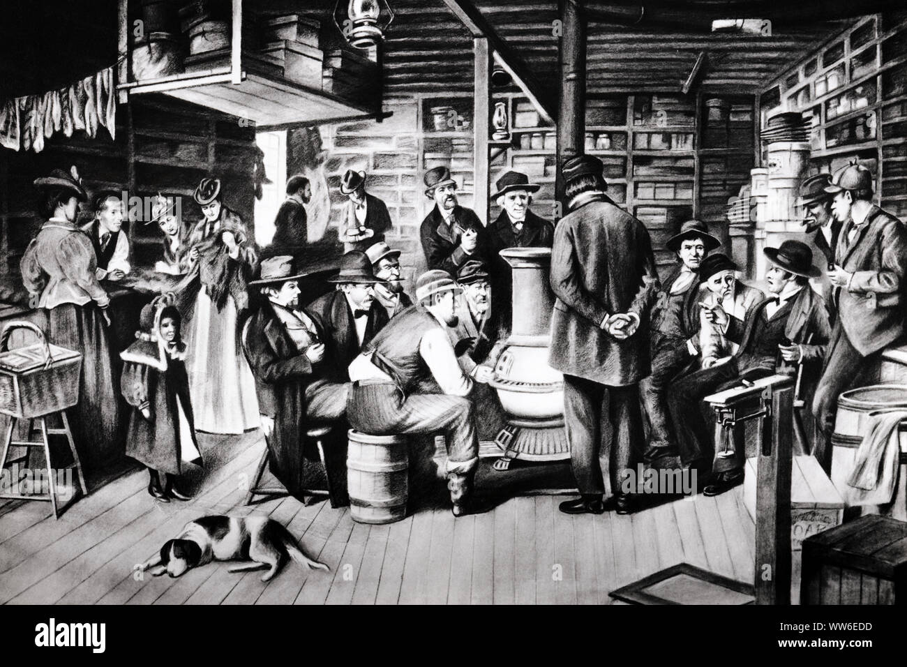 1870s 19TH CENTURY INTERIOR RURAL AMERICAN GENERAL STORE MEN GATHERED AT HOT POTBELLY STOVE WOMEN SHOPPING SLEEPING DOG LYING - a8002 HAR001 HARS COMMUNICATION FRIEND JOY LIFESTYLE FEMALES GOSSIP GENERAL RURAL UNITED STATES COPY SPACE FRIENDSHIP FULL-LENGTH HALF-LENGTH LADIES PERSONS SHOPS UNITED STATES OF AMERICA MALES AMERICANA SHARE GOSSIPING B&W SHOPPER SHOPPERS MAMMALS LEISURE CUSTOMER SERVICE CANINES SOCIETY POLITICS STORES POOCH LIE CONNECTION 19TH CENTURY CONCEPTUAL 1870s FRIENDLY HOUND DOG LET CANINE COMMERCE GATHERED JUVENILES MAMMAL MEETING PLACE POTBELLY TOGETHERNESS Stock Photo