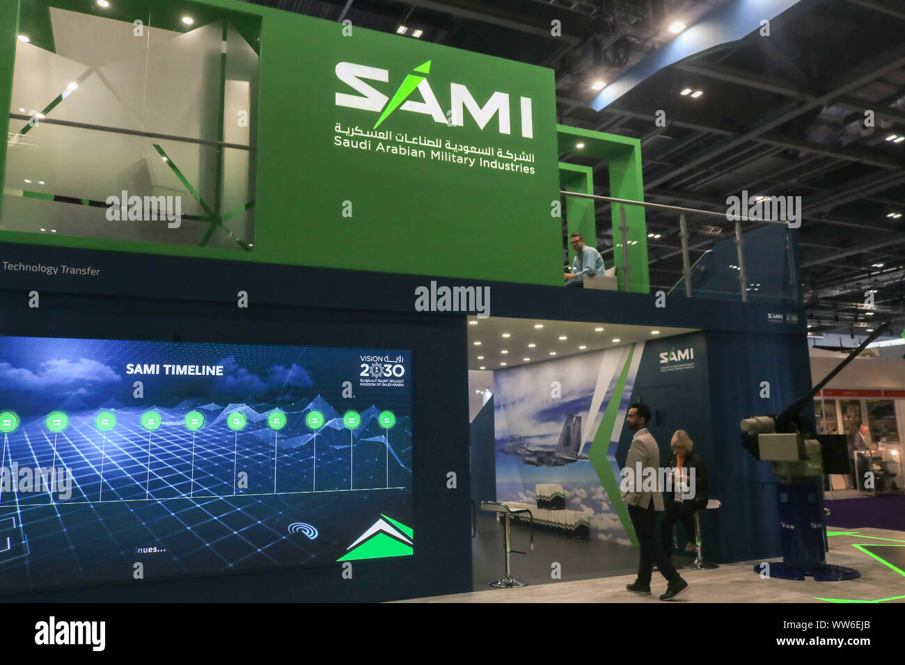 London, UK. 13th September 2019. The Saudi Arabian Military Industries (SAMI) exhibitor stand on