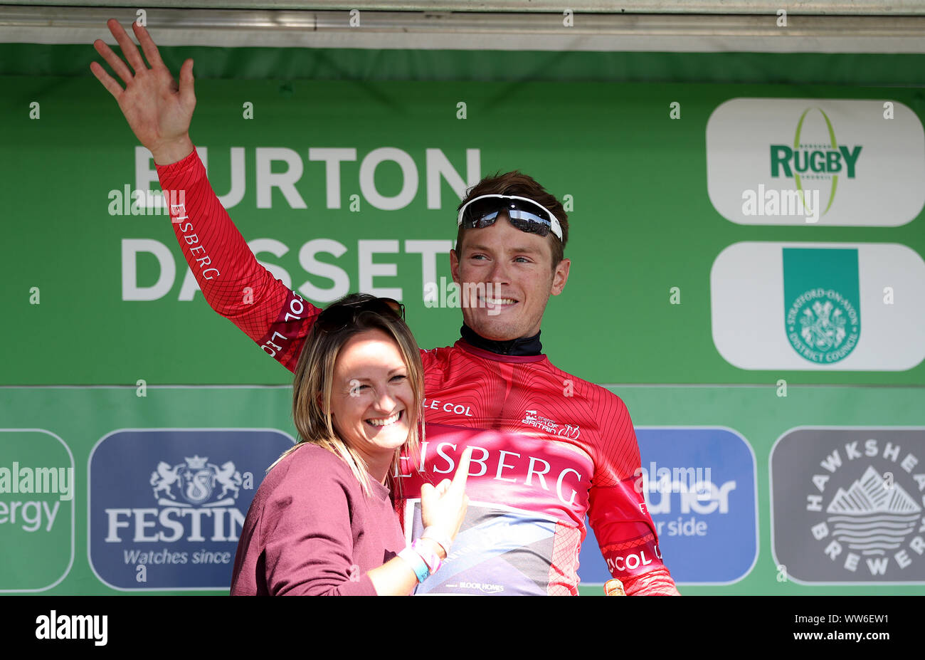 Ireland's Rory Townsend, team Canyon DHB/P Bloor Homes takes the podium for the Ersberg Sprints Jersey during stage seven of the OVO Energy Tour of Britain from Warwick to Burton Dassett Country Park. Stock Photo