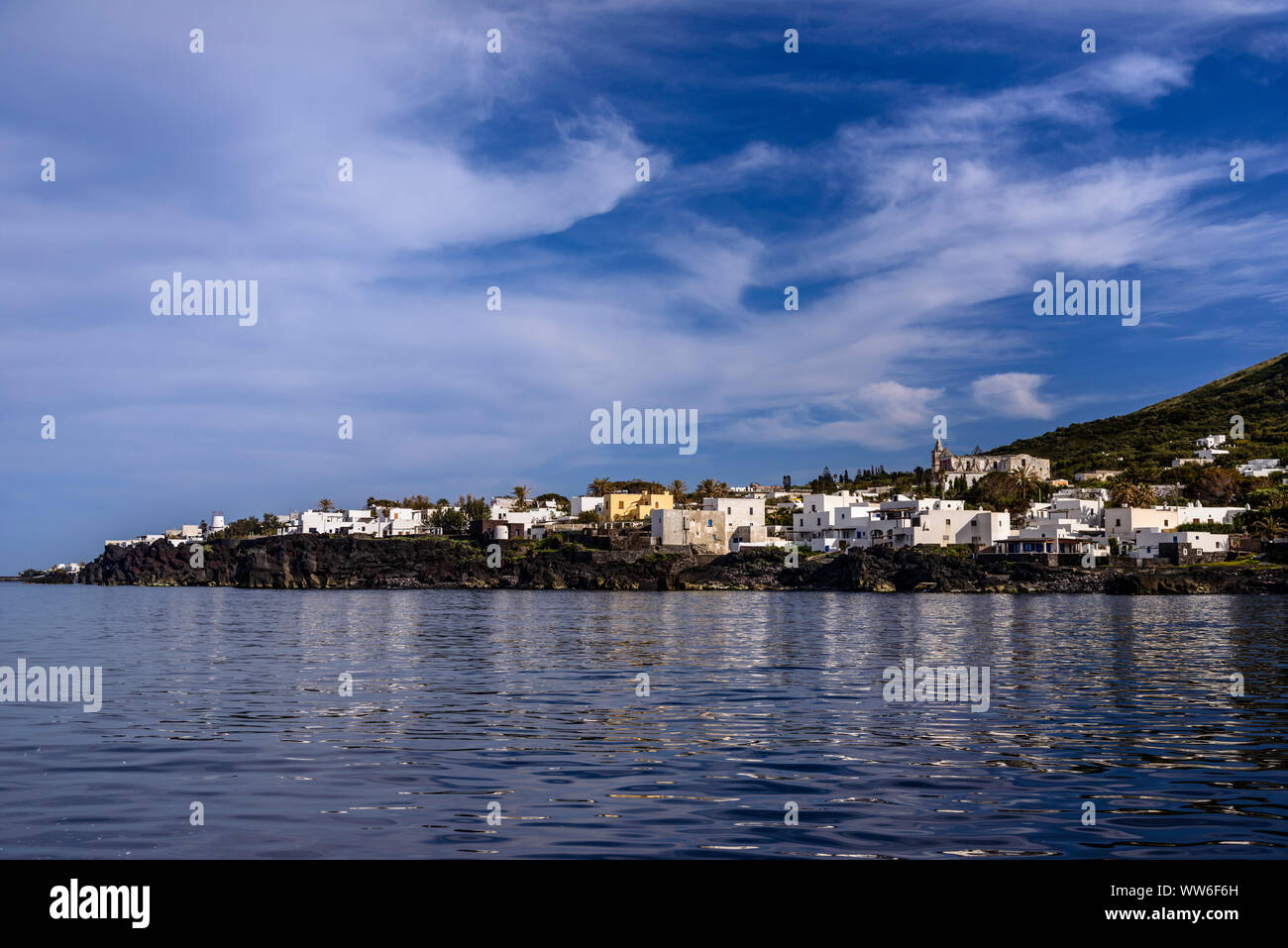 Italy, Sicily, Aeolian Islands, Stromboli, Stromboli village, Piscita district, view from a boat Stock Photo