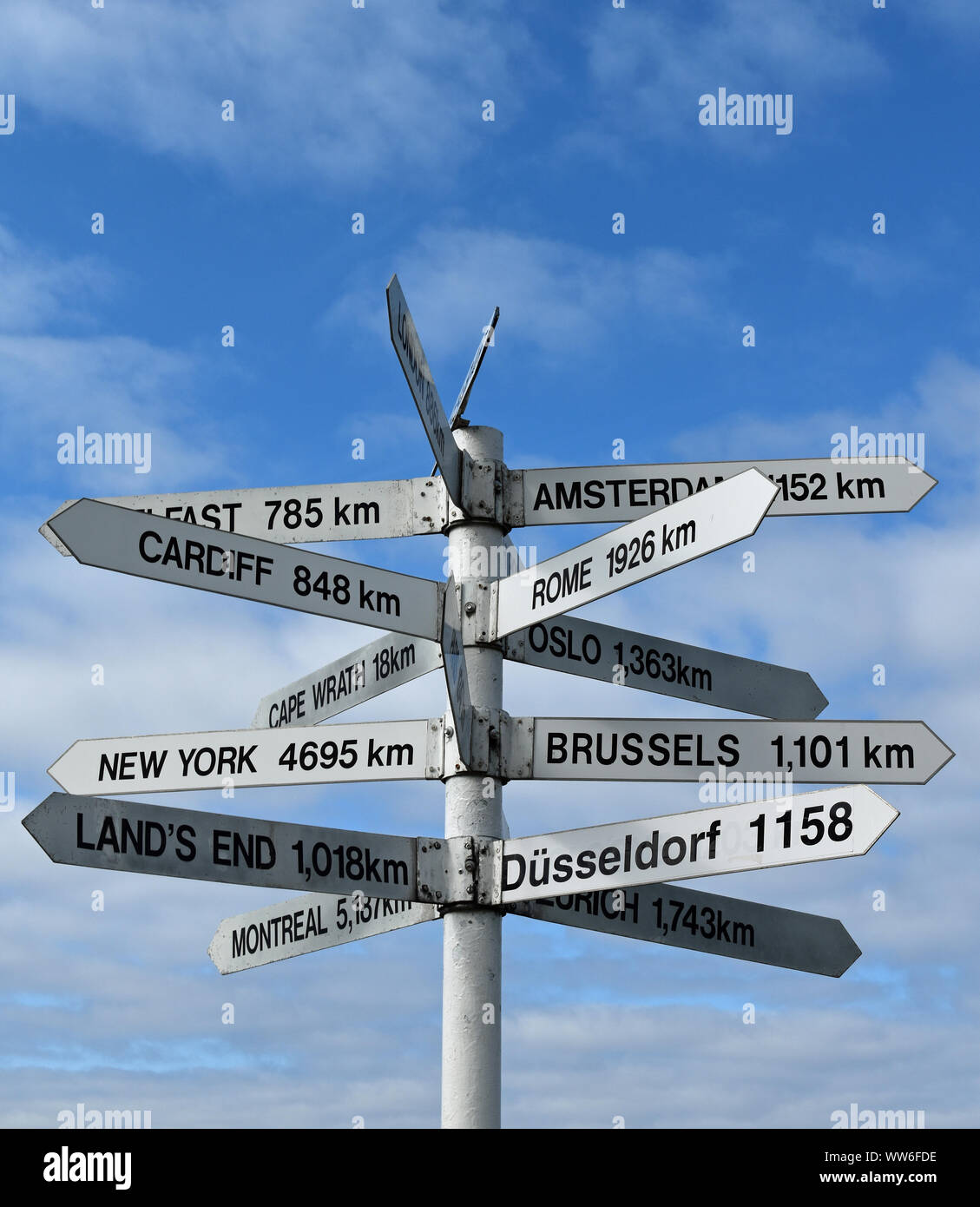 Fun signpost on North Coast 500 Scotland with signs and distances to places all over the world Stock Photo