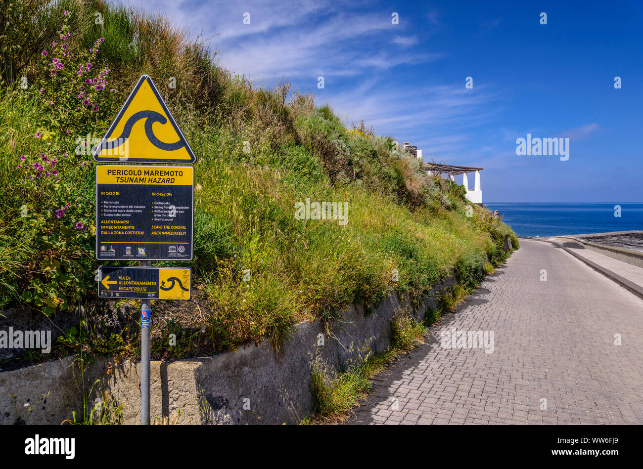 Italy, Sicily, Aeolian Islands, Stromboli, Stromboli place, Scari district, Tsunami warning sign Stock Photo