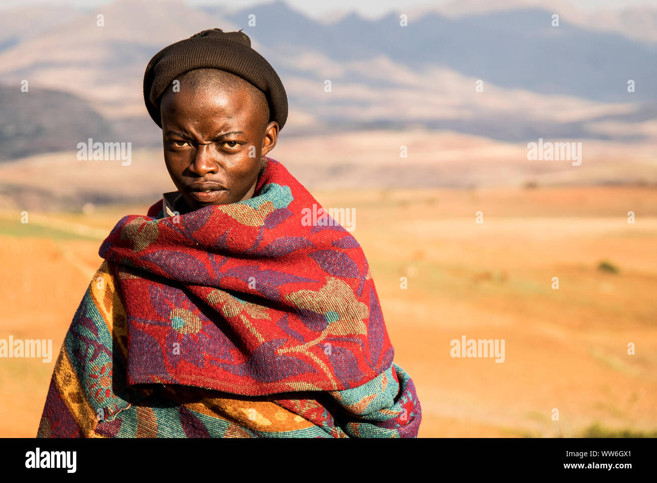 Portrait of a shepherd in Lesotho, highlands of the Drakensberg Stock Photo