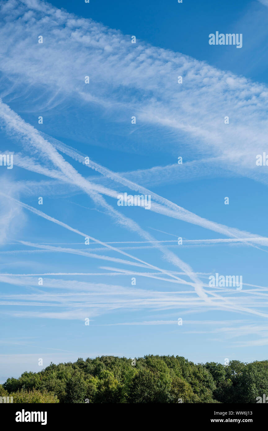 Vapour Trails in Summer Sky, Kent, UK Stock Photo