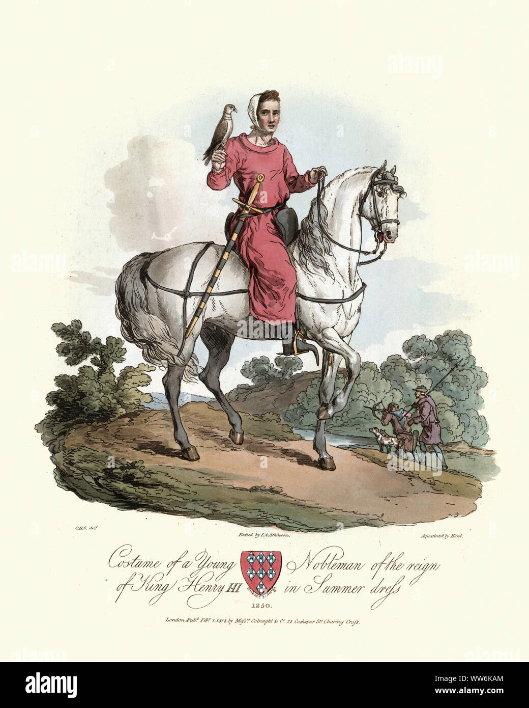 Vintage engraving of costume of a young nobleman of the reign of King Henry III in summer dress, 1250. Ancient costumes of England, 1813 Stock Photo