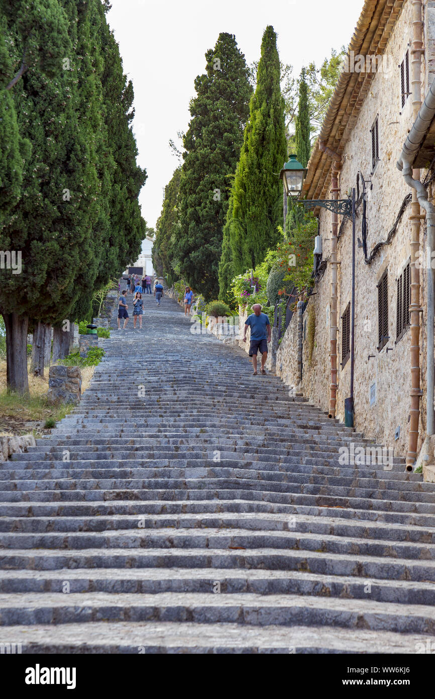 Stairs to Calvary, Pollenca, city in the northeast of the island of Mallorca, Mediterranean Sea, Balearic Islands, Spain, Southern Europe Stock Photo