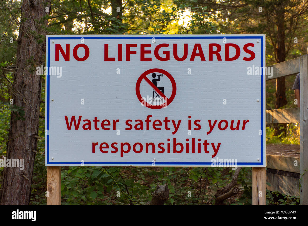 Water Safety sign stating no lifeguards on duty and to take care while