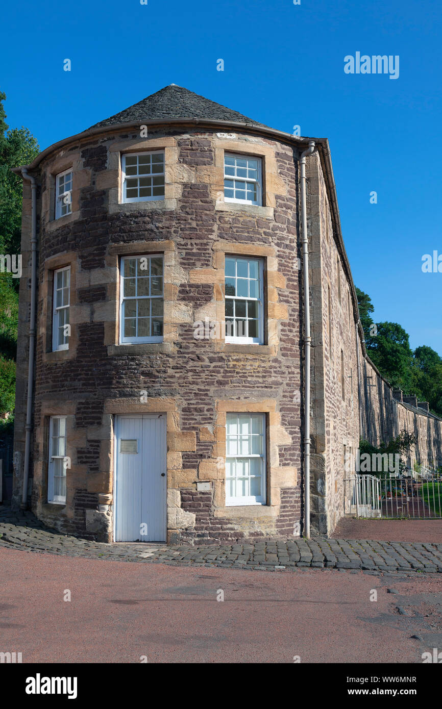 UK, Scotland, Lanarkshire, New Lanark, Houses and Buildings on New Lanark Road Stock Photo