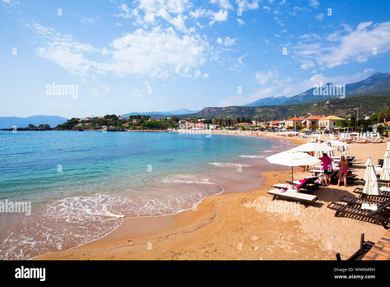 Beach and town Stoupa at the Peloponnese in Greece Stock Photo