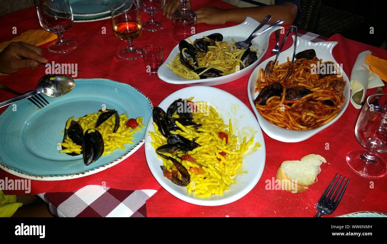 photo of pasta dishes with mussels during this summer Stock Photo