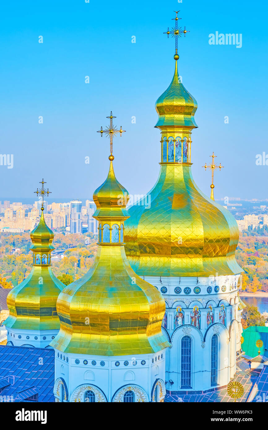 The Golden Domes are the main symbol of Kiev city as the orthodox religion center of Slavic peoples in medieval times, Ukraine Stock Photo