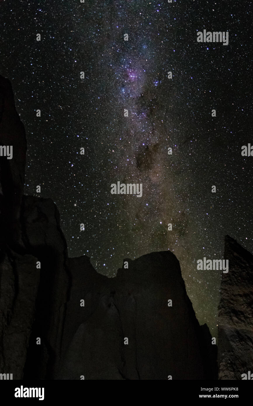 milky way with sandstone rocks in the forground in new zealand Stock Photo