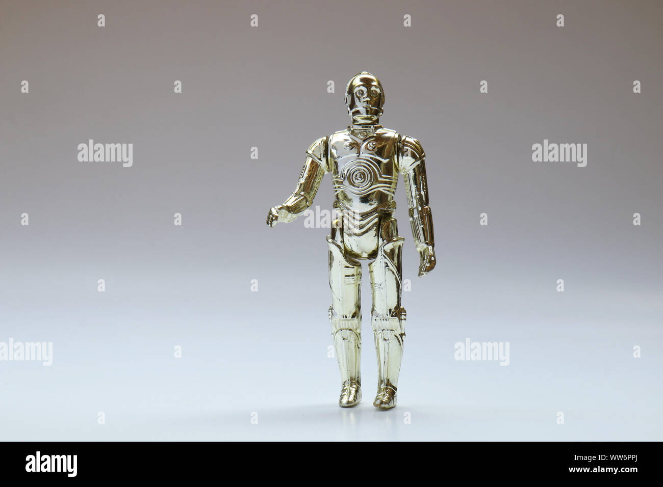 BERLIN - AUGUST 29, 2019: Vintage Star Wars C-3PO Action Figure from Kenner Toys on White. This was released with the Movie 'The Empire Strikes Back'. Stock Photo