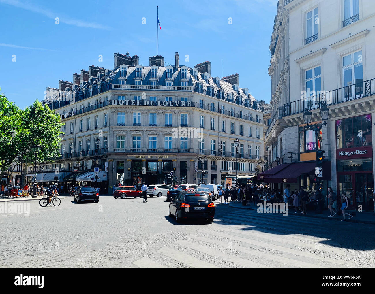 Paris / France - July 5, 2019: Hotel du Louvre facade. Currently Hyatt hotel. Stock Photo