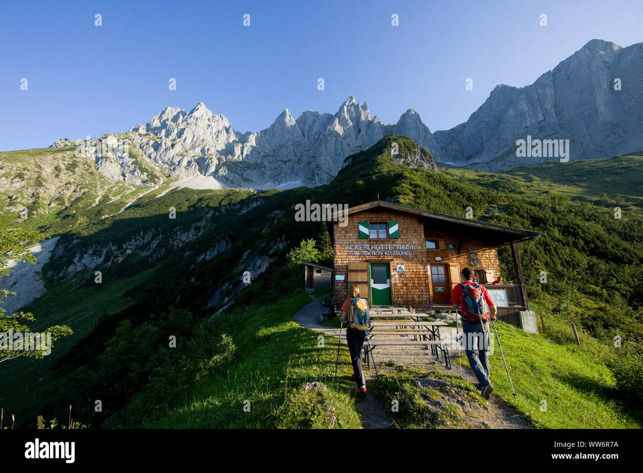 Hiker at the AckerlhÃ¼tte, Wilder Kaiser, Tyrol, Austria Stock Photo