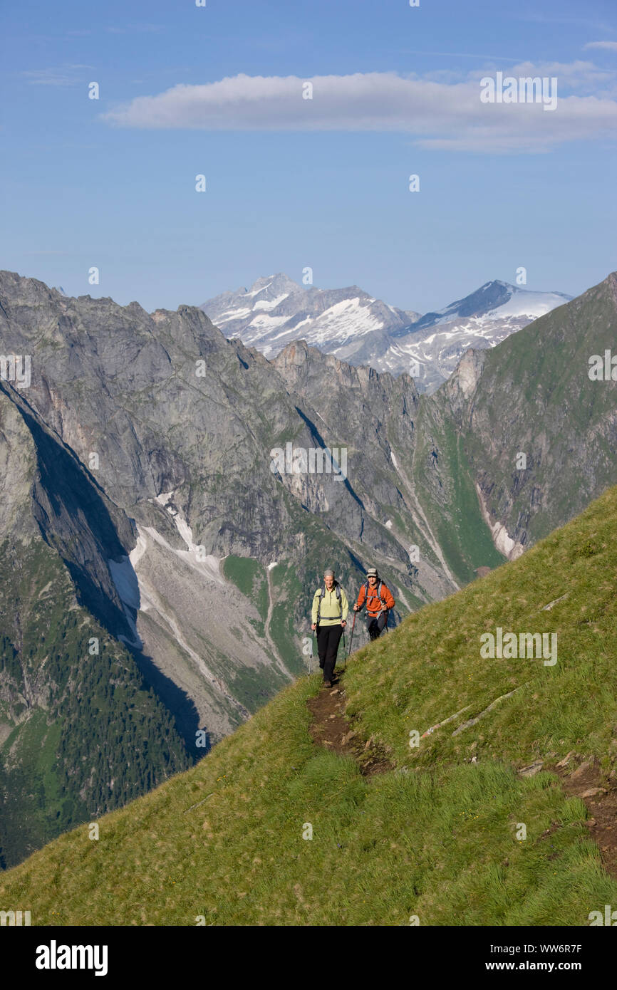 Hiker on the Aschaffenburger HÃ¶henweg, Zillertal Alps, Tyrol, Austria Stock Photo