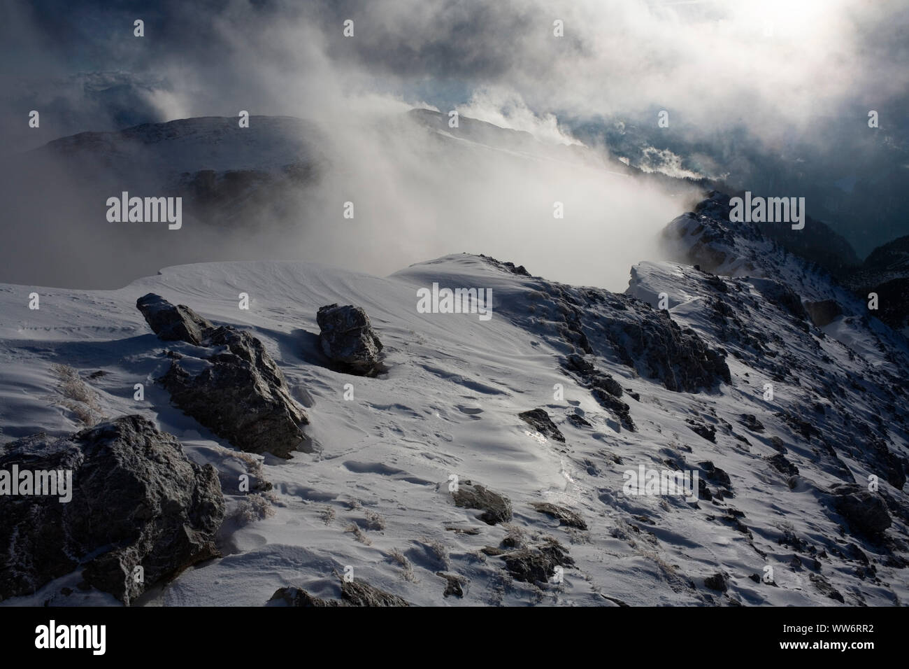 View to the summit of HochzinÃ¶dl in winter, GesÃ¤use National Park, Styria, Austria Stock Photo
