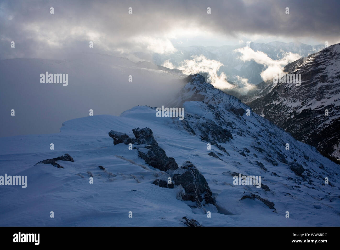 Summit ridge at HochzinÃ¶dl in winter, GesÃ¤use National Park, Styria, Austria Stock Photo