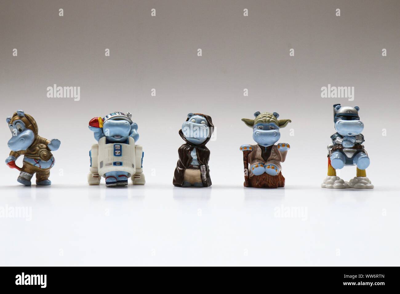 BERLIN - AUGUST 27, 2019: Vintage Star Wars Toy Figures from the Kinder Surprise Happy Hippo collection. It was released in Germany in 2002, the same Stock Photo