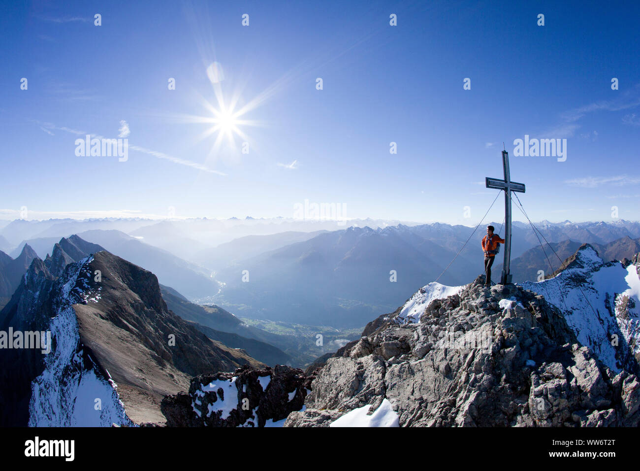 Summit cross on the Parseierspitze, Lechtaler Alpen, Tyrol, Austria Stock Photo