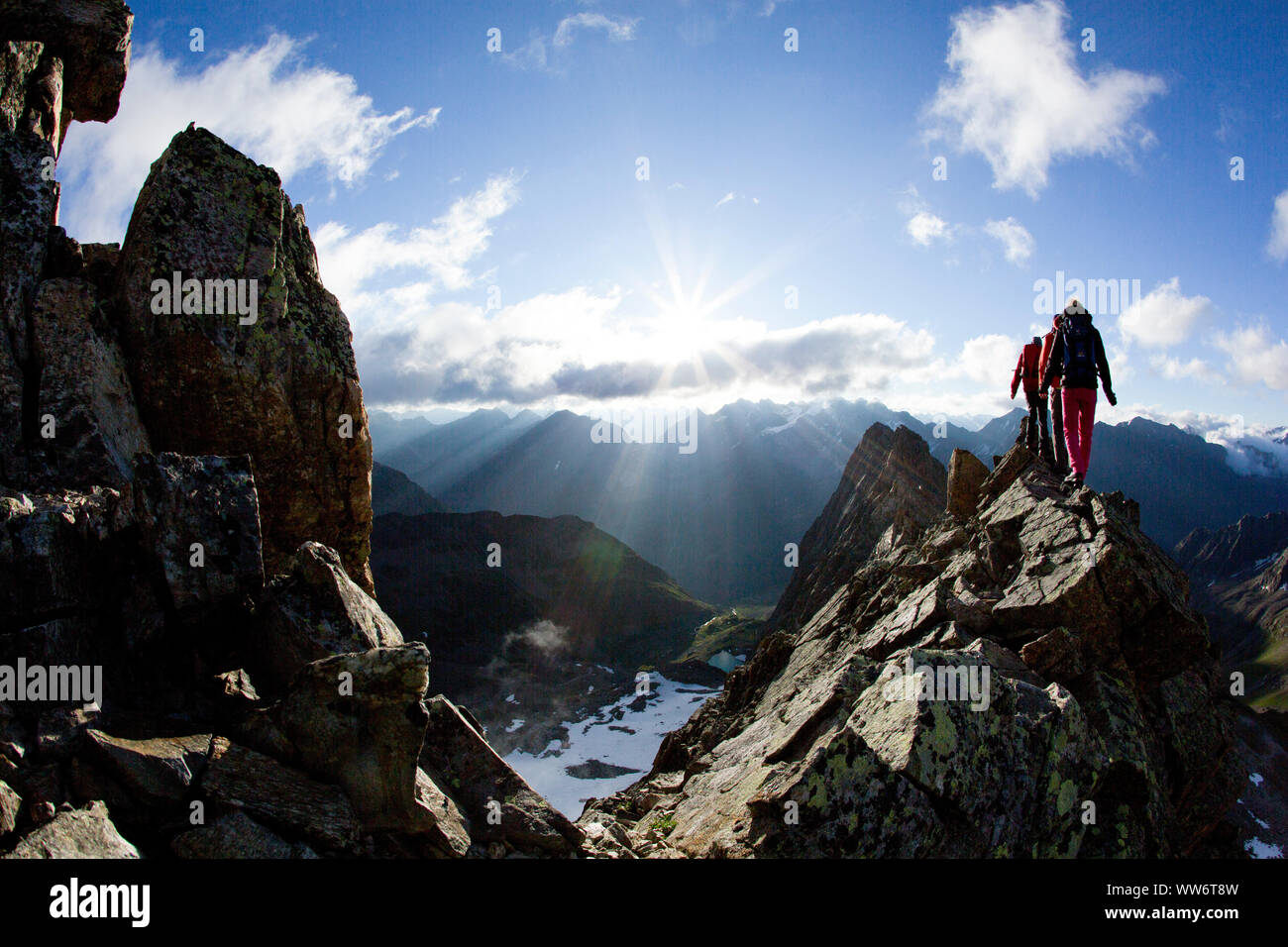 Climber on summit ridge of Parstleswand, Kaunergrat, Ã–tztaler Alps, Tyrol, Austria Stock Photo