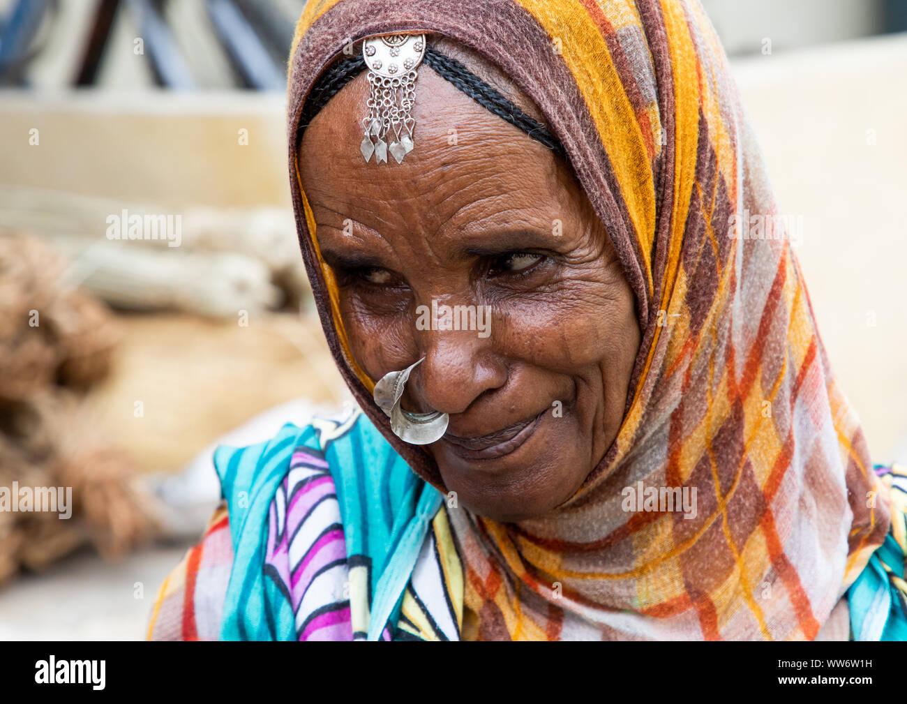 Portrait of an eritrean woman with a nose ring, Semien-Keih-Bahri ...