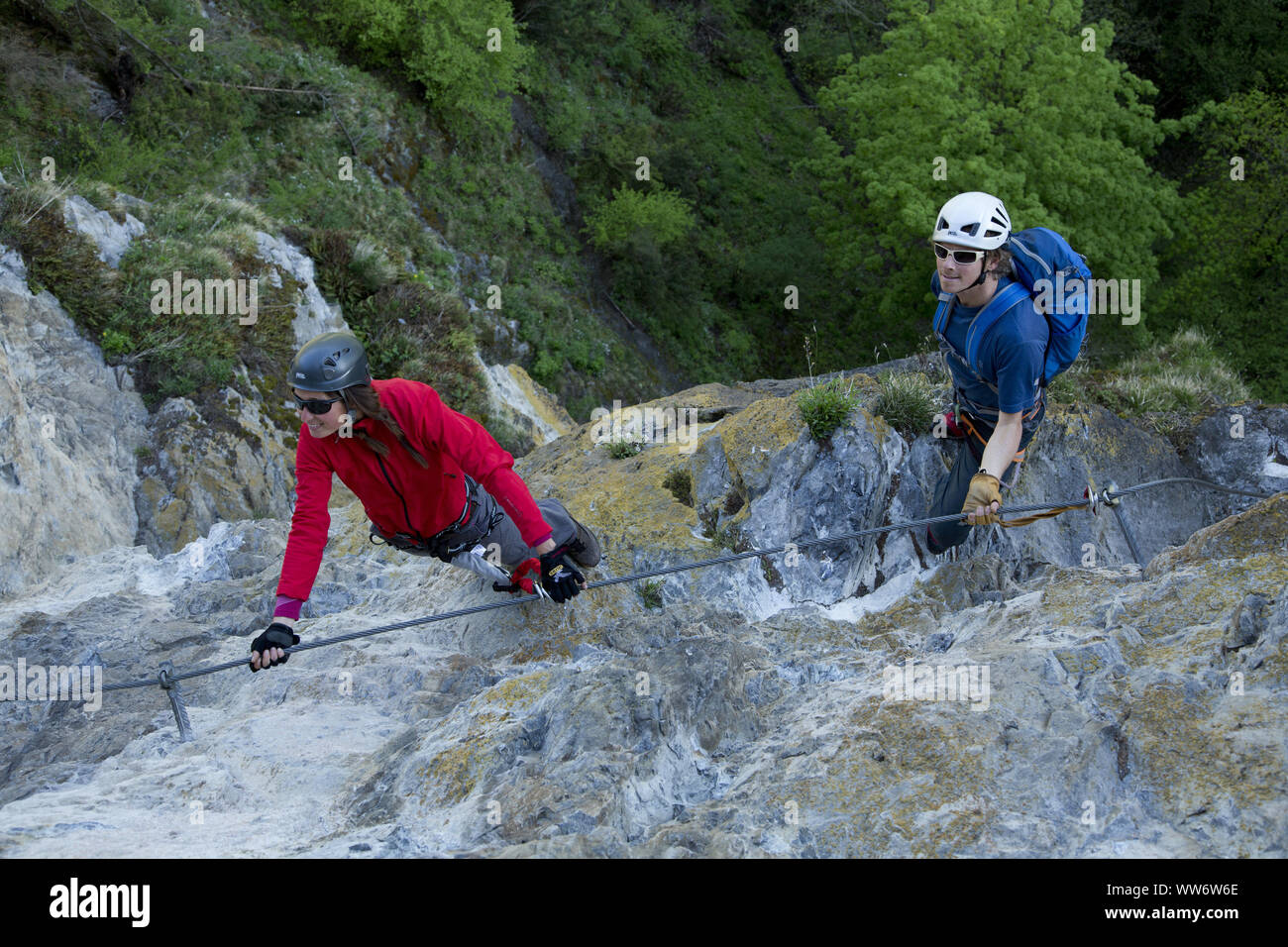 Climber on Steinwand via ferrata near Arzl, Pitztal, Tyrol, Austria. Stock Photo