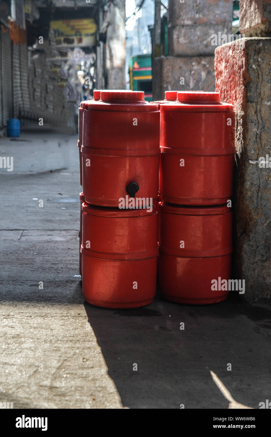 A group of water jar is waiting to deliver at chadni chowk Stock Photo