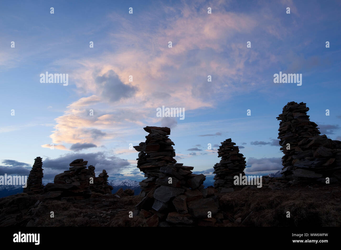 cairns at Zettersfeld in the morning light, Lienz Dolomites, East Tyrol, Austria Stock Photo