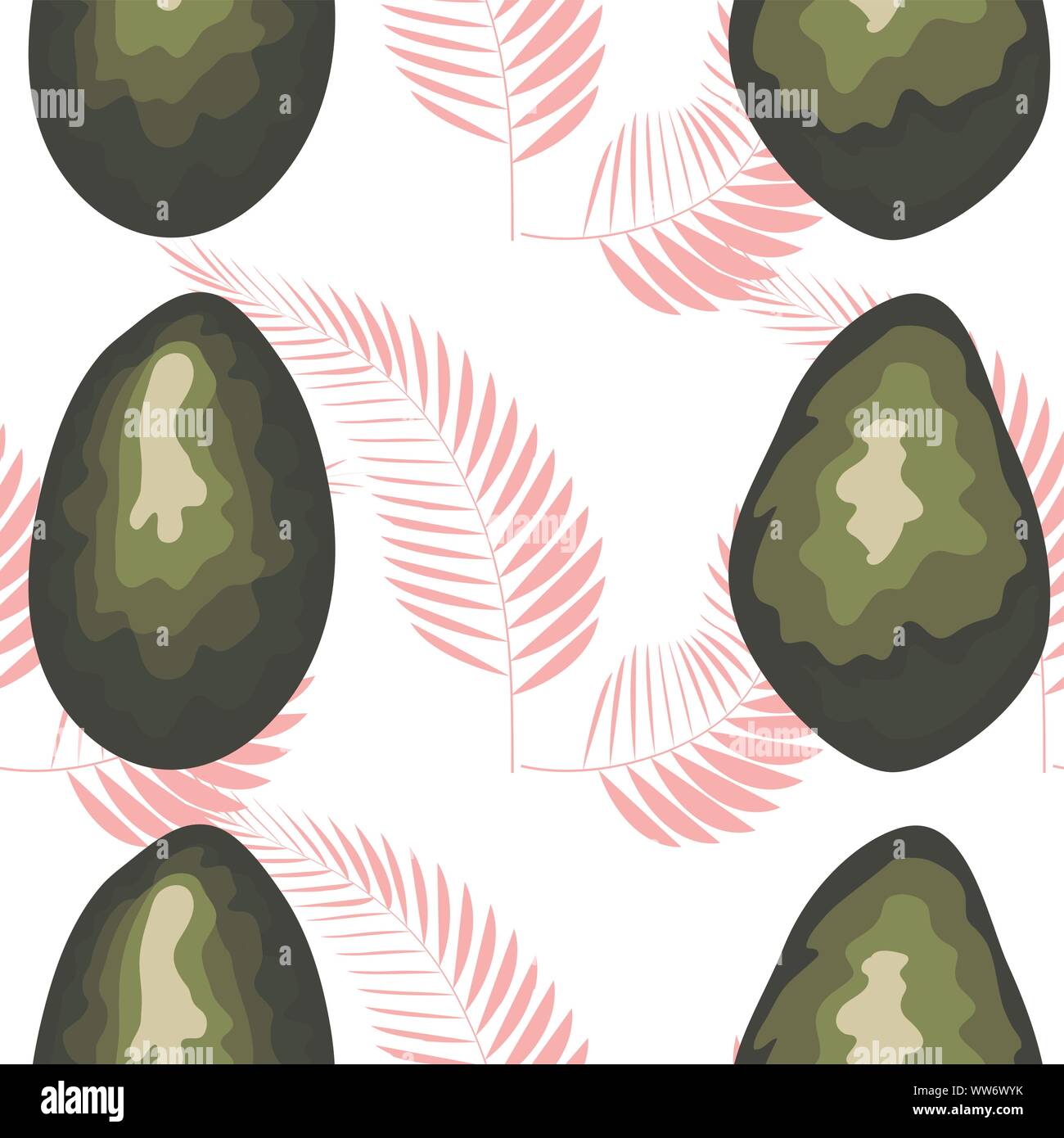 Seamless pattern with avocado slices and leaves of monstera on light background Stock Vector