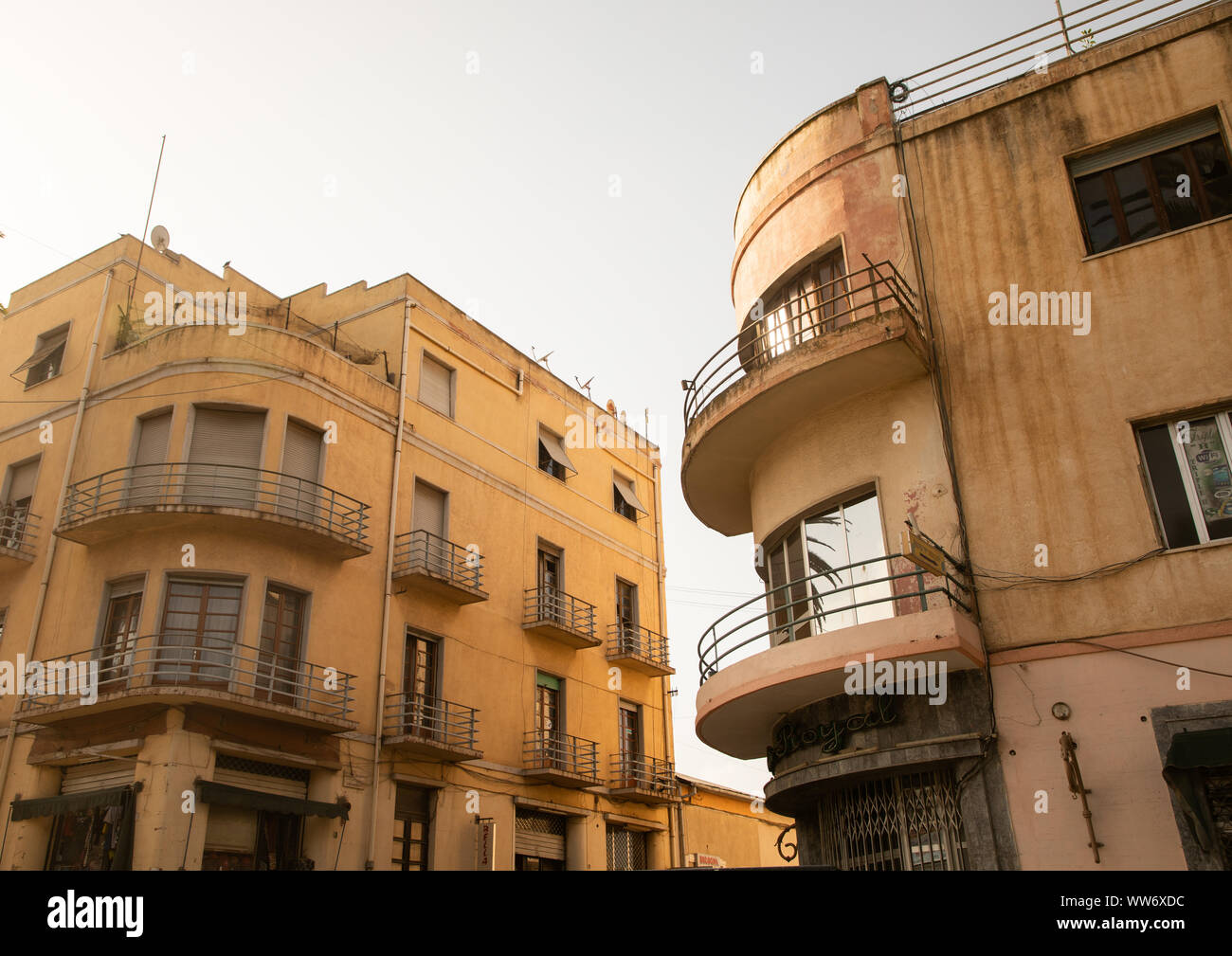 Exterior of old art deco style building from the italian colonial times ...