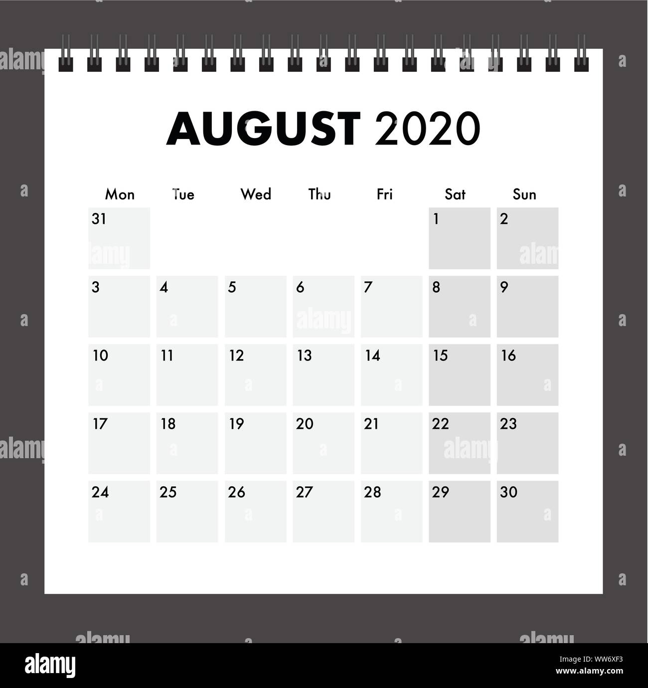 A 2020 calendar with wire bind Stock Vector