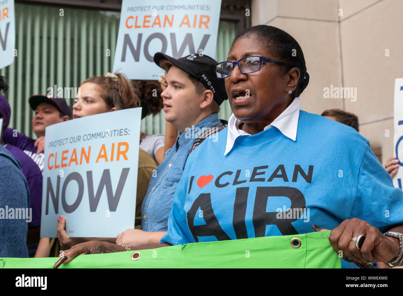 Detroit, Michigan USA - 13 September 2019 - Environmental activists and residents of the community around the Marathon Oil refinery rallied at the Sta Stock Photo