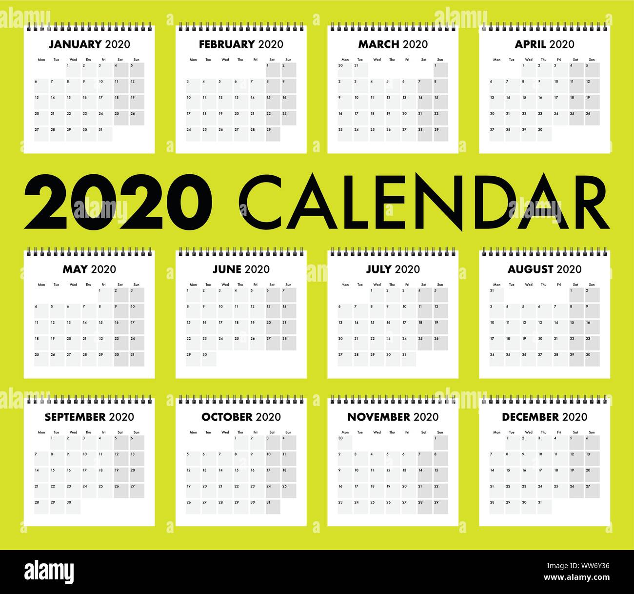 A 2020 calendar with wire bind Stock Vector