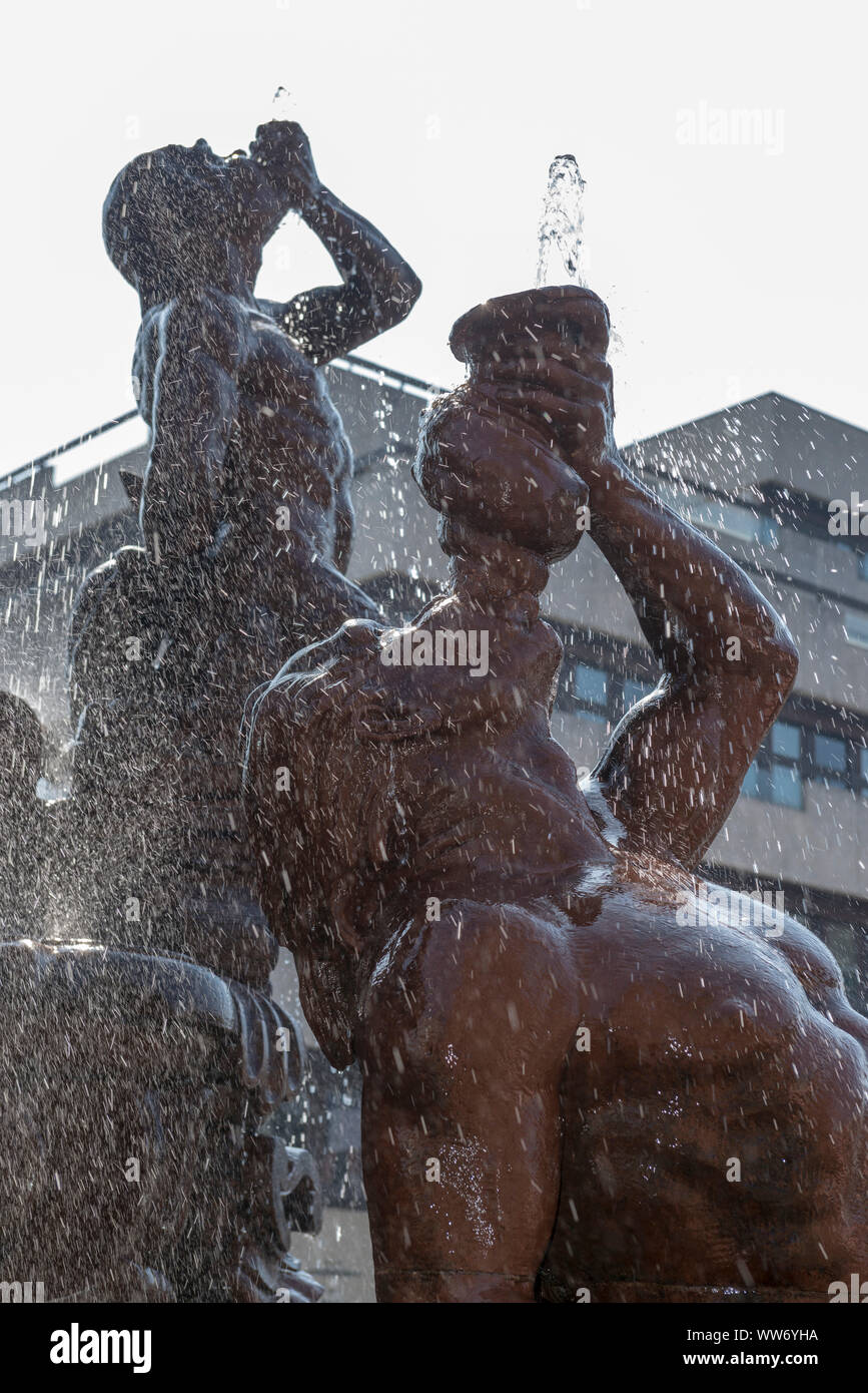 Germany, North Rhine-Westphalia, Wuppertal, anniversary fountain (Neptunbrunnen) by Leo MÃ¼sch on Neumarkt Stock Photo