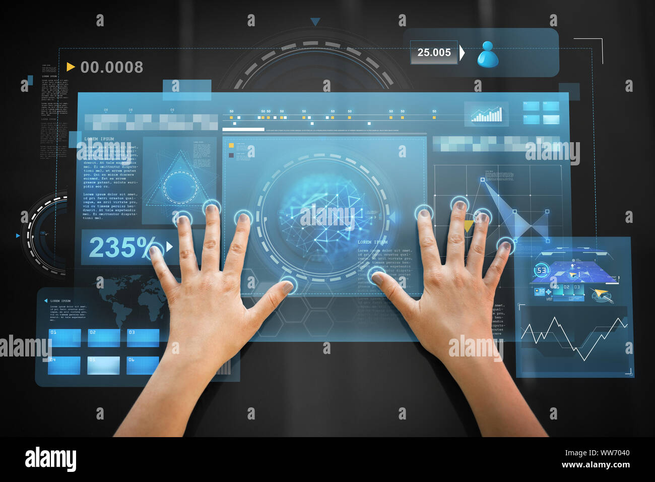 hand using black interactive panel with charts Stock Photo
