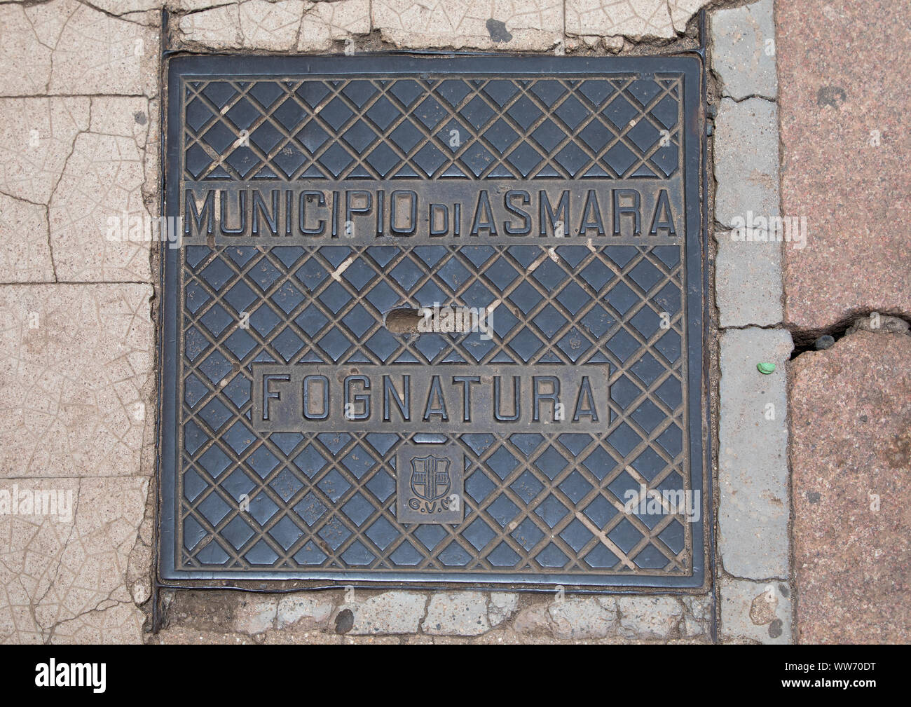 Manhole cover from the italian colonial ear, Central region, Asmara, Eritrea Stock Photo