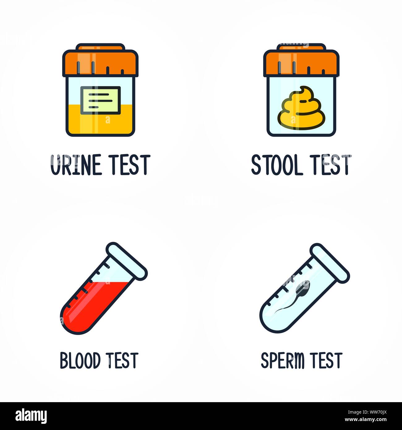 Human biology tests, sperm, blood, urine and stool DNA icon, test containers Stock Vector Image