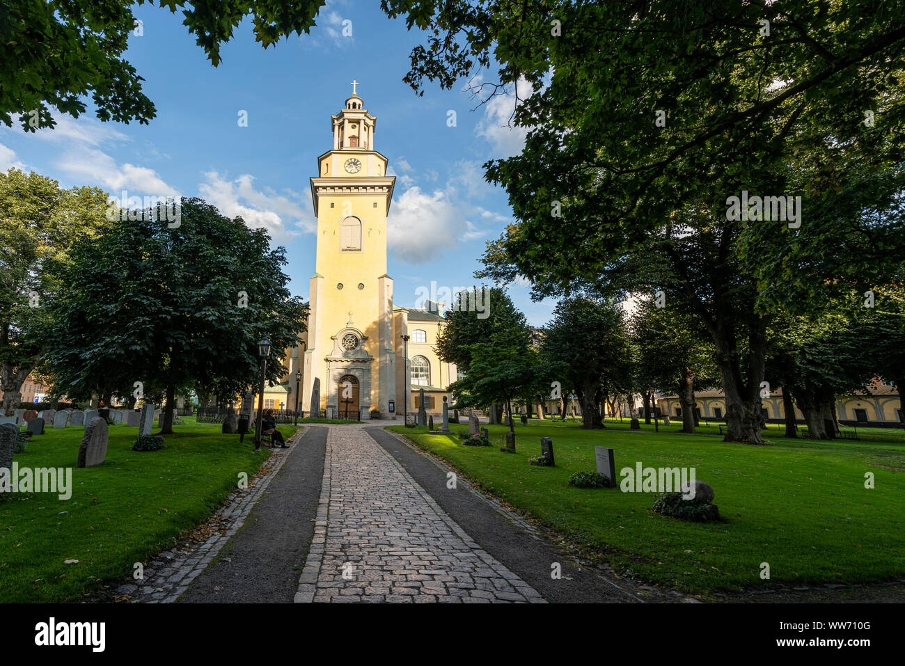 Stockholm, Sweden. September 2019.  A panoramic view of the  St. Mary Magdalene Church from the cemetery park Stock Photo