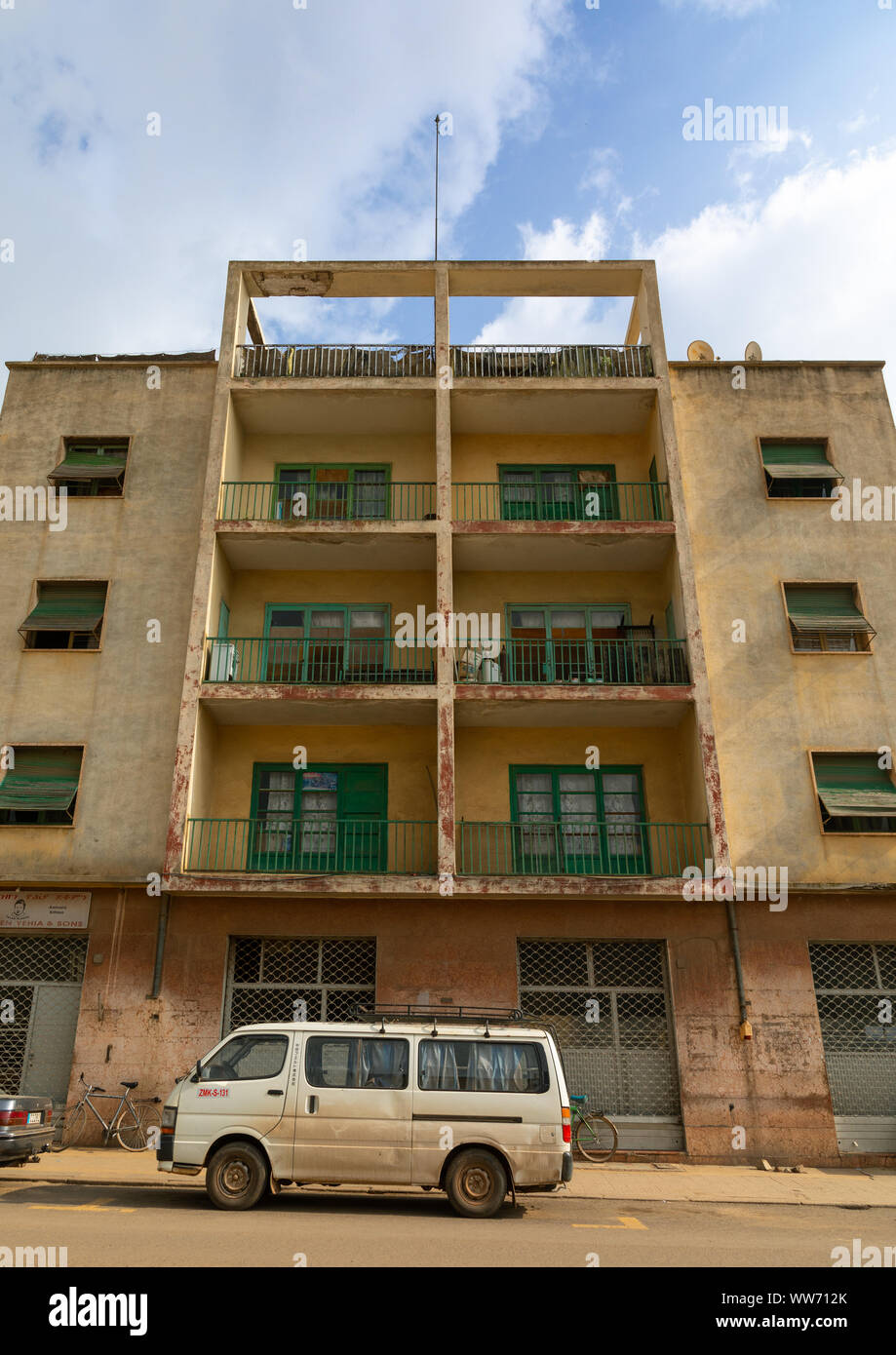 Exterior of old art deco style building from the italian colonial times ...
