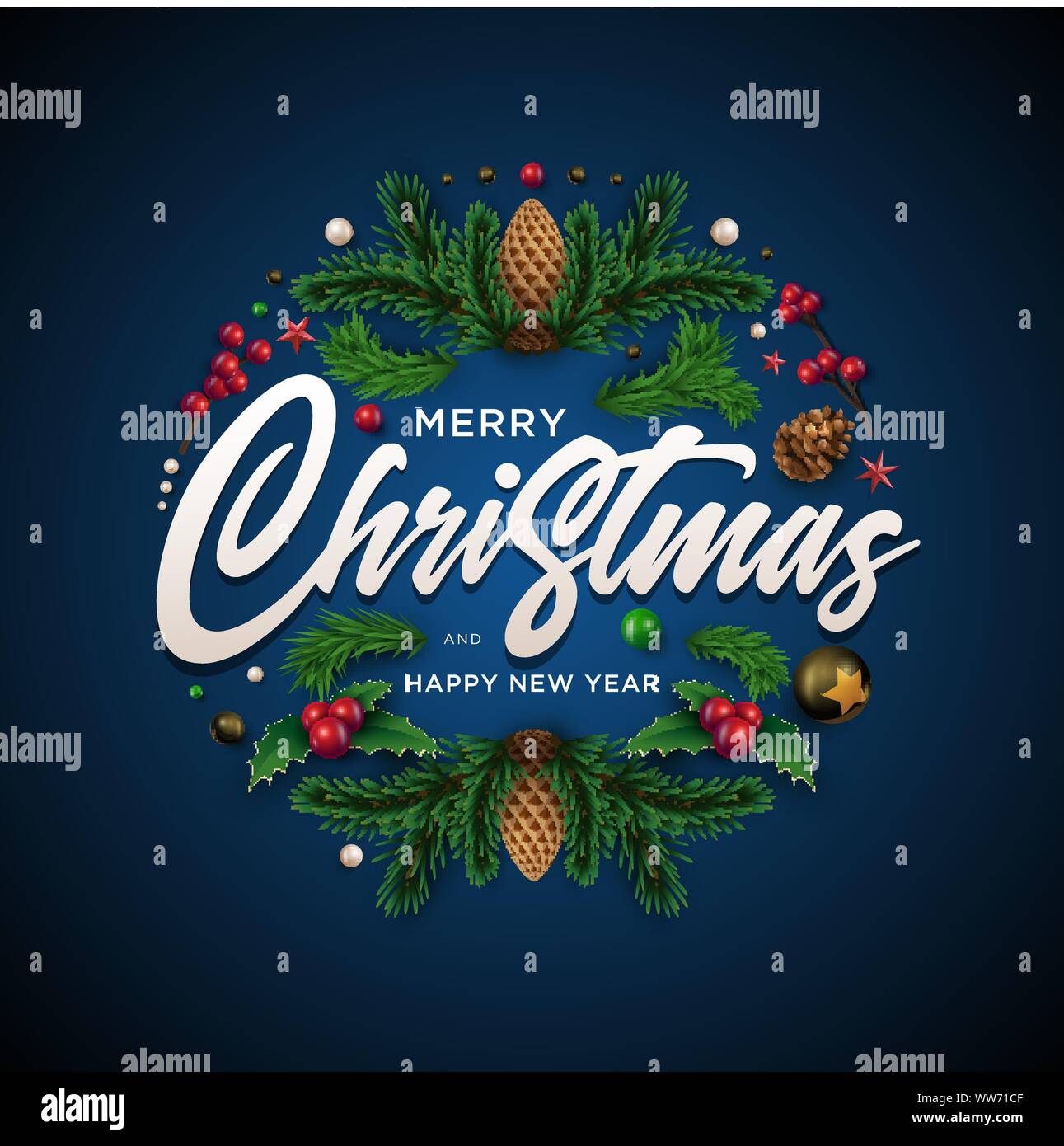 Merry Christnas and happy new year greeting card. Christmas wreath ...