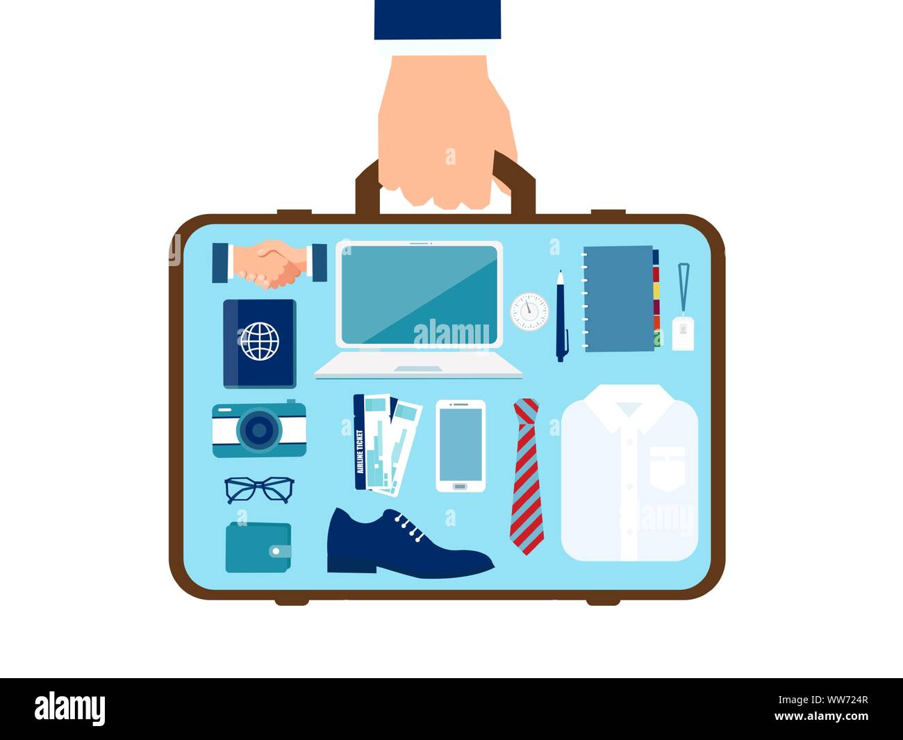 Vector of a business man hand with suitcase with objects inside. Travel and luggage concept Stock Vector
