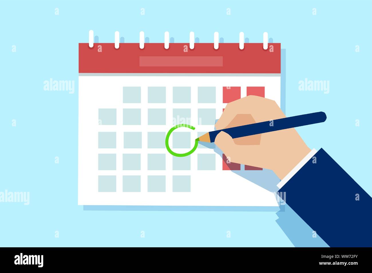 Vector of a business man hand with pen marking important day on calendar. Stock Vector
