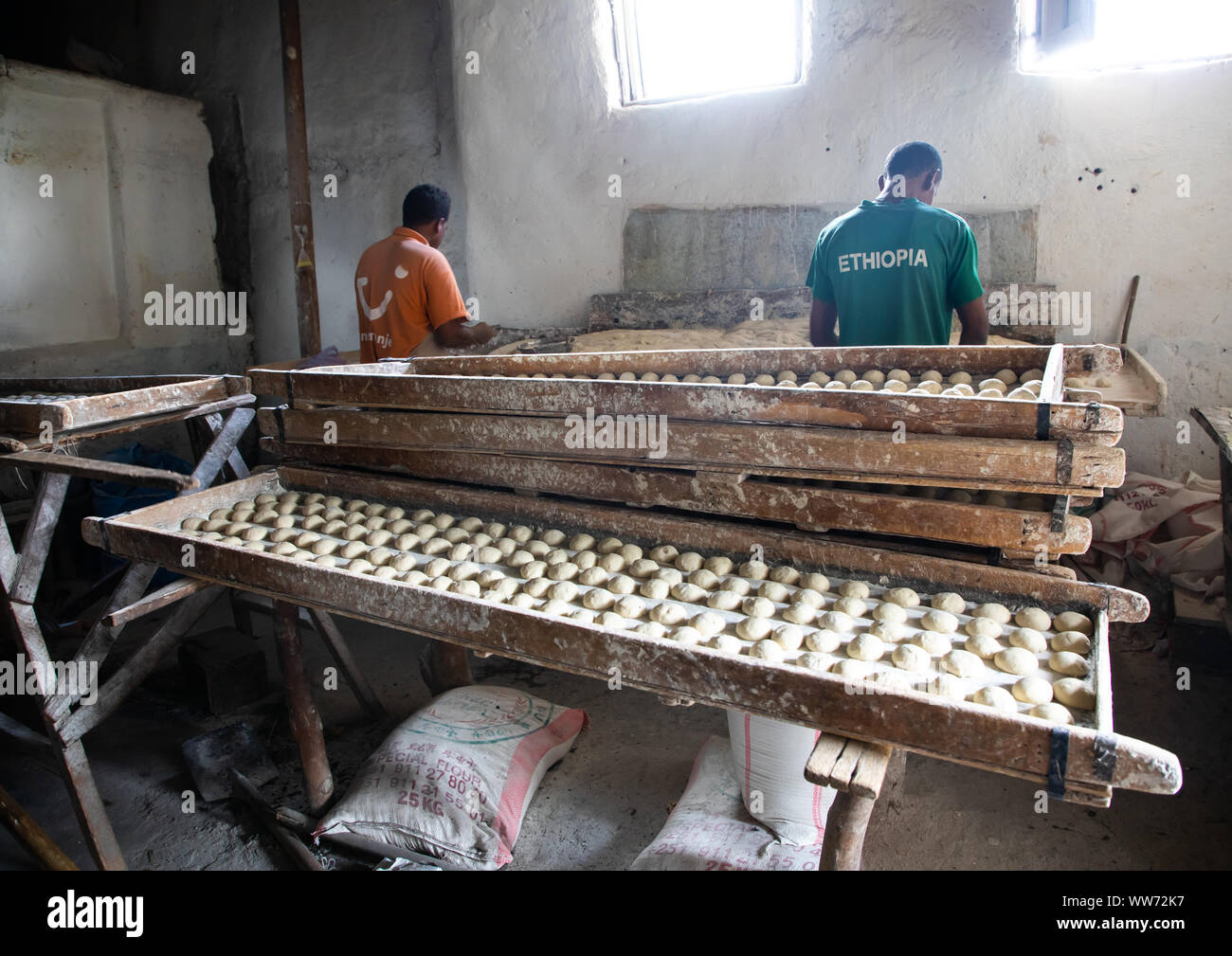 Ethiopian men working in a bakery, Harari region, Harar, Ethiopia Stock