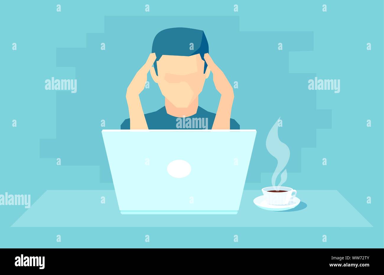 Vector of an overworked man with headache working on laptop feeling under stress Stock Vector