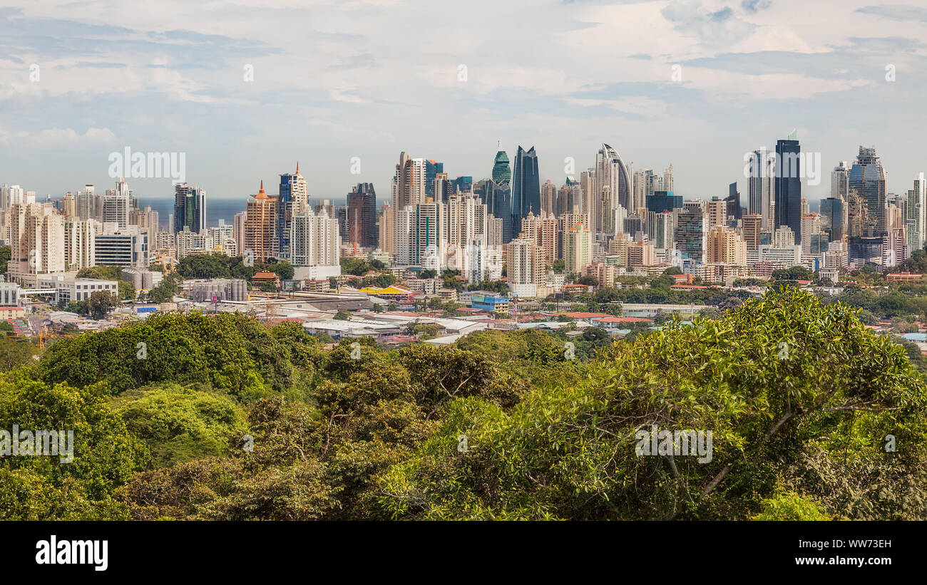 The skyline of Panama City with its modern skyscrapers. Stock Photo