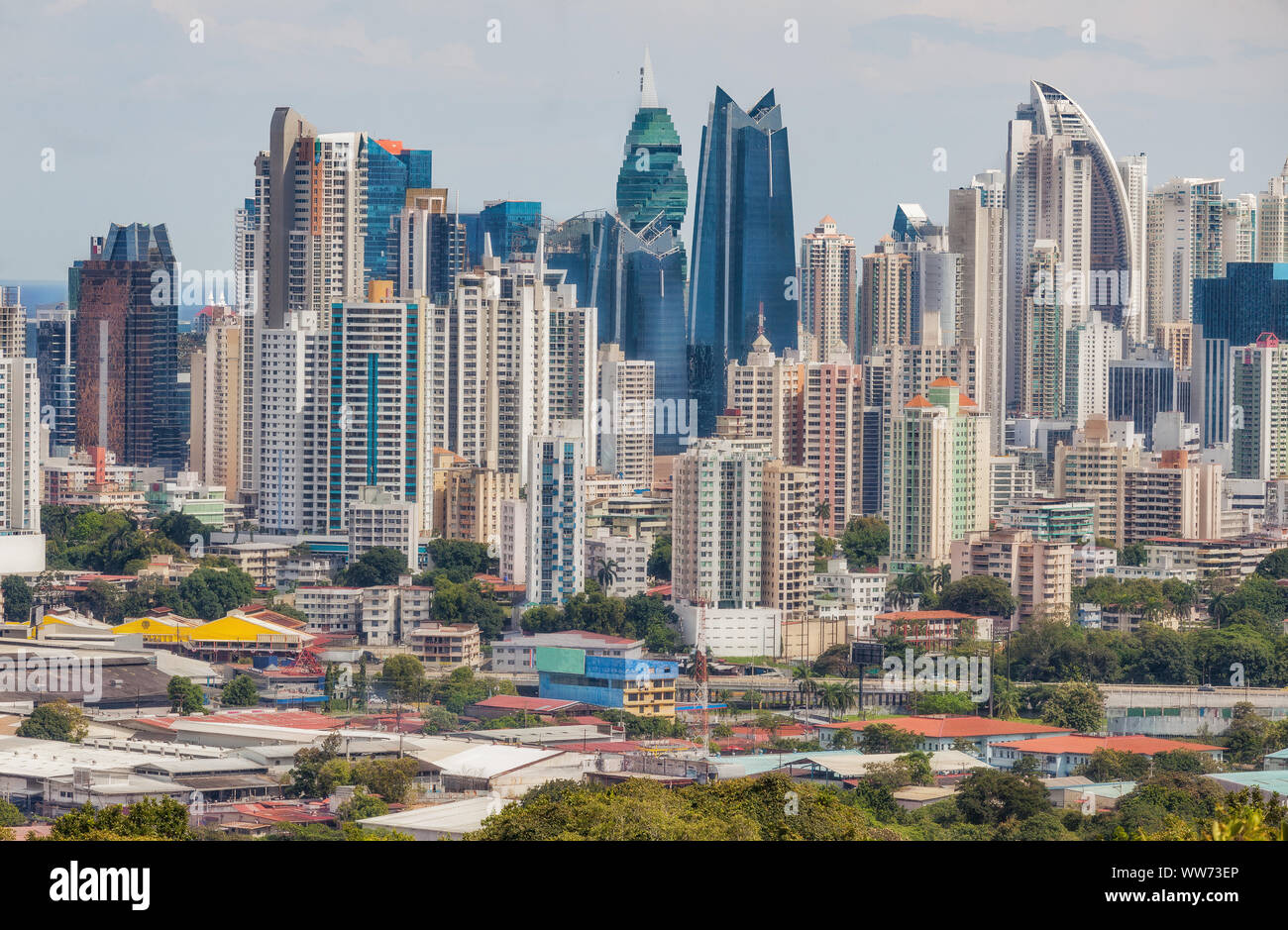 The skyline of Panama City with its modern skyscrapers. Stock Photo