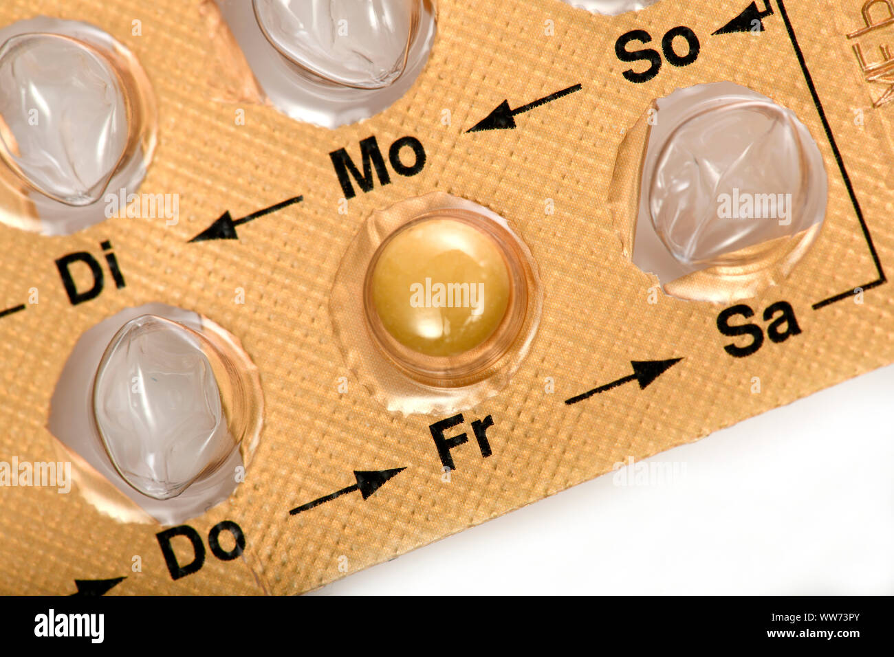 Birth control pill in blister pack, forgotten, Friday, monthly pack Stock Photo