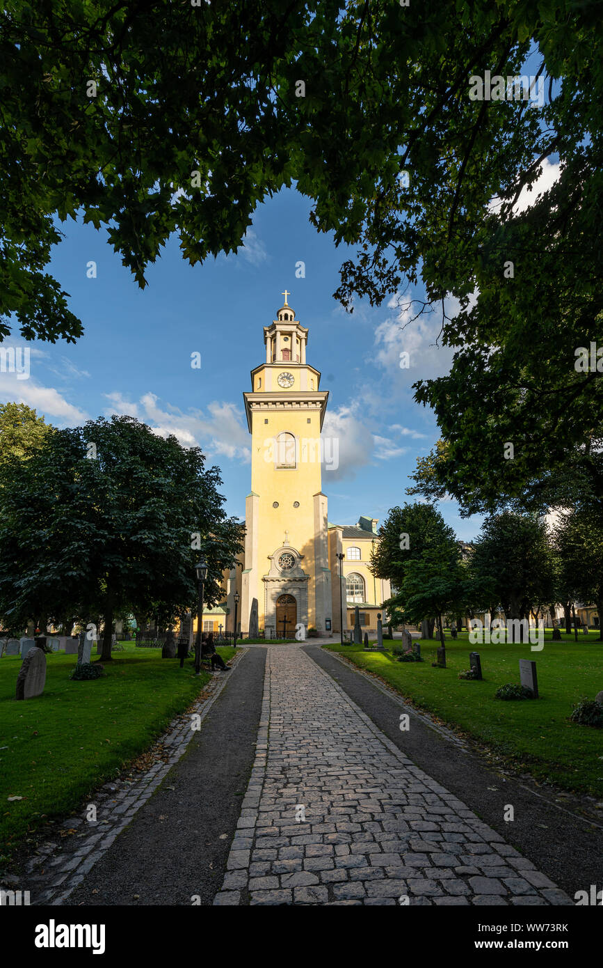 Stockholm, Sweden. September 2019.  A panoramic view of the  St. Mary Magdalene Church from the cemetery park Stock Photo