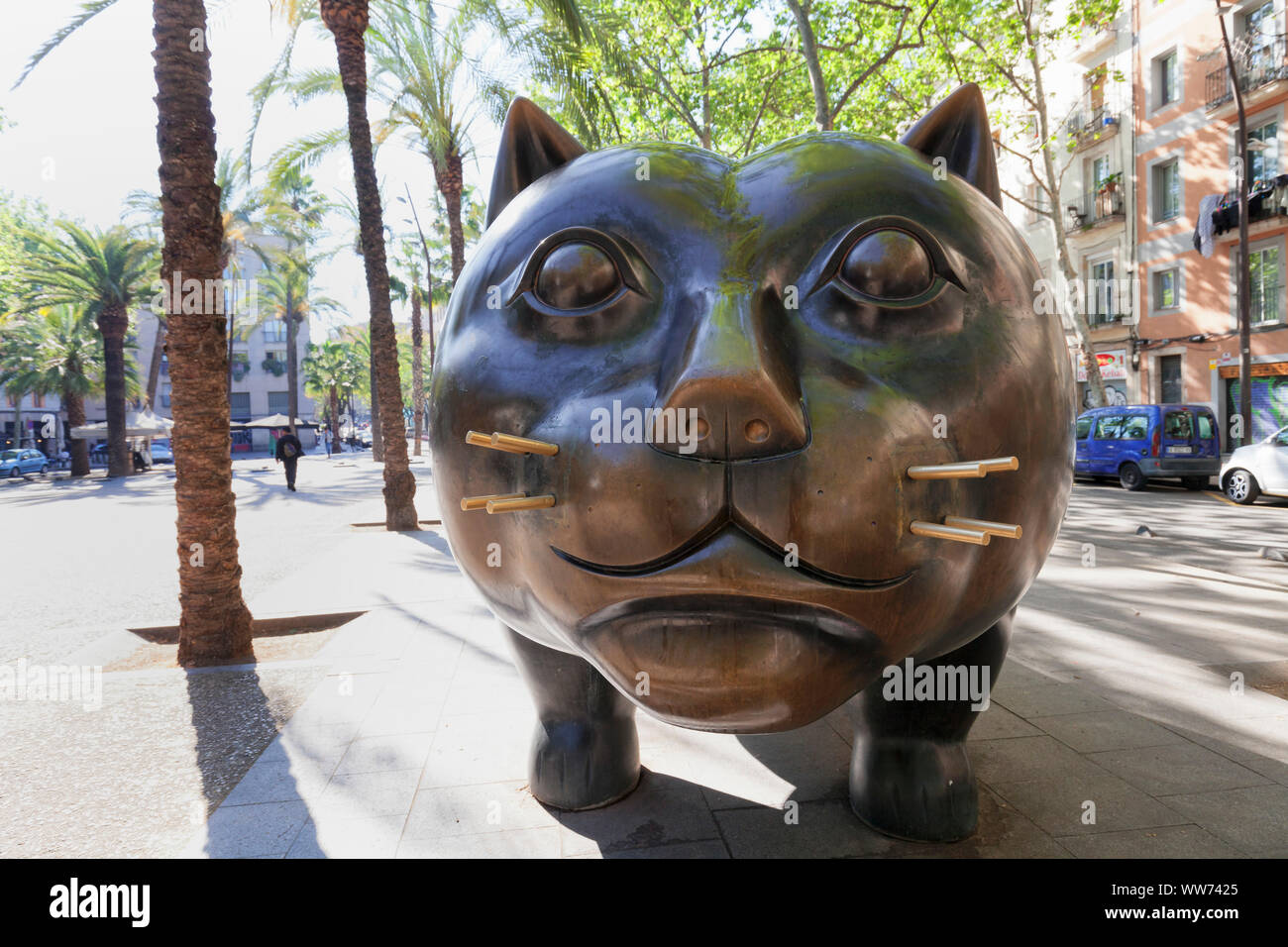 Cat's sculpture El Gat by Botero on the Rambla del Raval, Barcelona, Catalonia, Spain Stock Photo